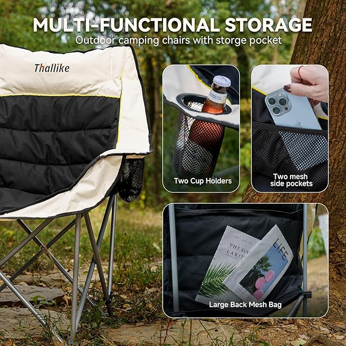 Oversized Camping Chair for Adults – Heavy Duty Folding Chair with Cup Holders Storage Pocket &amp Carry Bag – Outdoor Padded Camp Chair for Camping Backyard Fishing &amp Sports – Supports 400lbs