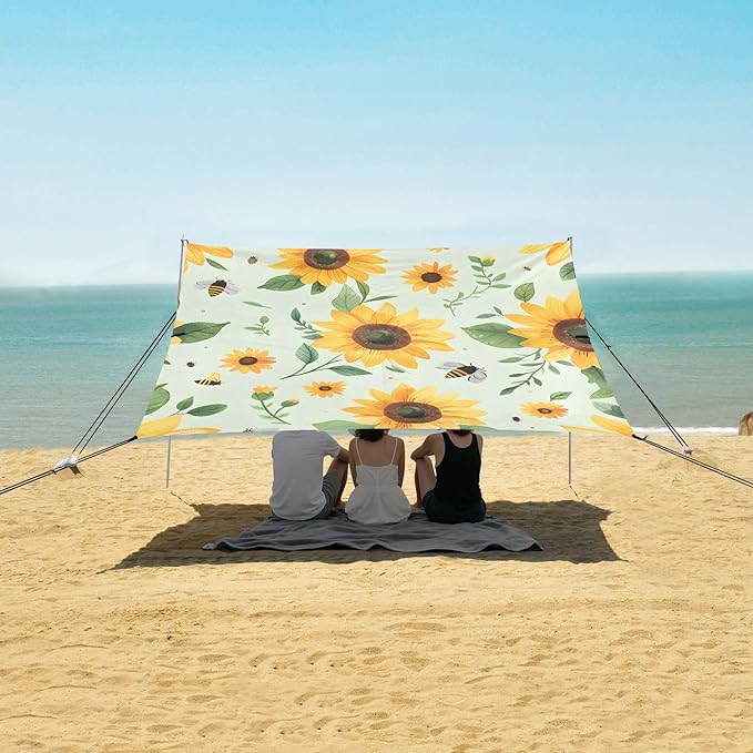 Bolaz Beach Canopy Tent Sun Shade9'×10.5' Large Family Beach Shade UPF50+- Outdoor Shade for Camping Trips FishingSunflower Bee Pattern
