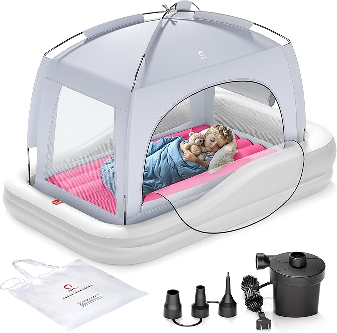 QPAU Inflatable Toddler Travel Bed with Tent Portable Kids Air Mattress with Safety Sides Ideal for Home Grandma's Camping Traveling -Includes Fast Electric Pump