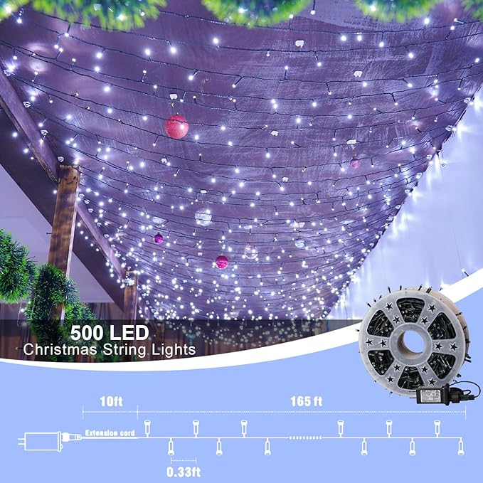 QITONG 500 LED 165ft Christmas White Lights String Lights Outdoor Waterproof with 8 Modes Green Wire Plug in Twinkle Light Indoor