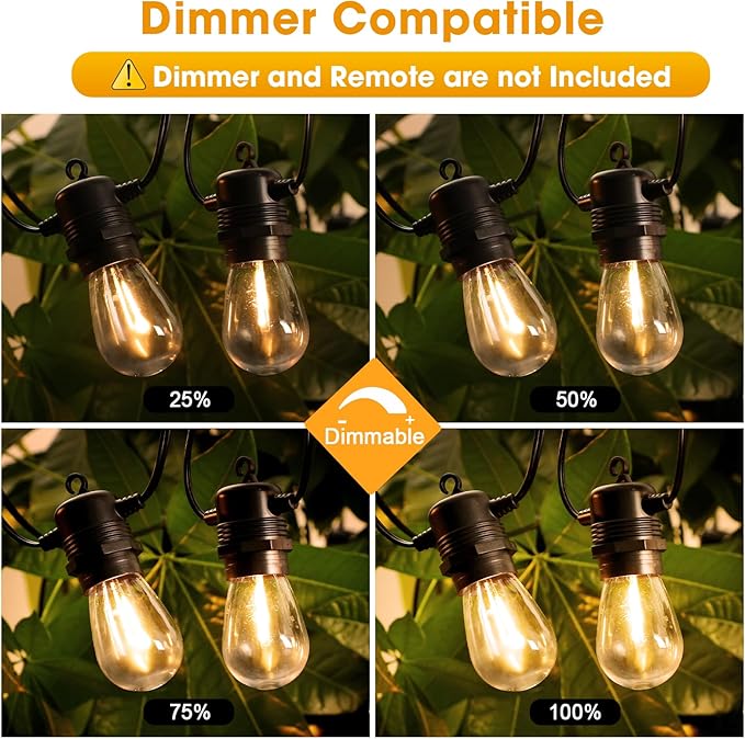 50FT LED Outdoor String Lights with 26 Shatterproof S14 Edison Bulbs (2 Spare) Dimmable Hanging Outdoor Lights for Backyard Porch 2700K Warm White