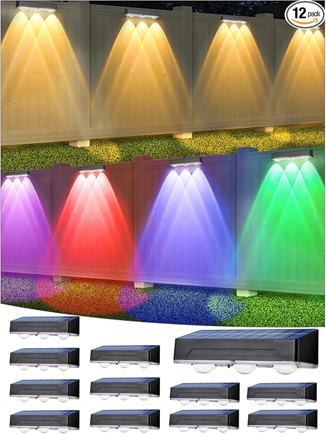 INDARUN Solar Fence Lights Outdoor 12 Pack Warm White &amp Cool White &amp RGB Color Changing Fence Lights with 3 Lens LEDs &amp 12 Modes IP65 Waterproof for Patio Porch Backyard Decor