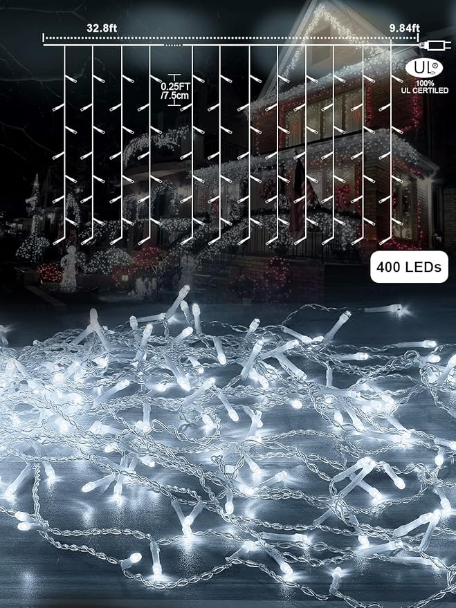 32.8FT Icicle Lights Christmas Outdoor with 400LED 75 Drops IP65 Waterproof Eaves Lights 8 Modes for Christmas Eaves Garden Room Decoration Cool White