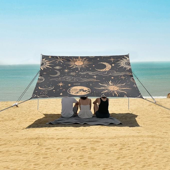 ALAZA Sun Crescent Moon Cloud Beach Tent Sun Shelter UPF50+ Protection Beach Shade Canopy w/ 4 Sandbags for Outdoor Camping Fishing Backyard Fun Picnic 10x9 ft