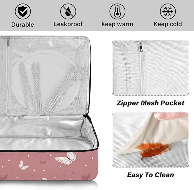 Casserole Carrier Beautiful Pattern Pinkish ButterfliesInsulated Casserole Carrier for Hot or Cold Food Thermal Lunch Tote for Potluck Parties Picnic Beach Fits 9 x 13 Inches Baking Dish