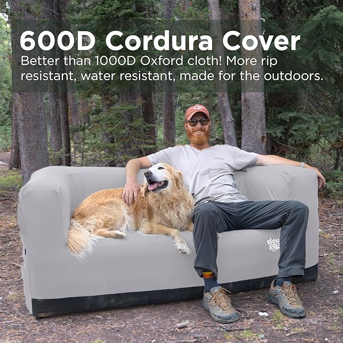 Slouch Couch | Air Sofa with Built-in Pump Hidden Cup Holders Storage Pockets | Durable Blow Up Couch with High-Performance Fabric for Camping Beach Home &amp Outdoors (Harbor Gray)