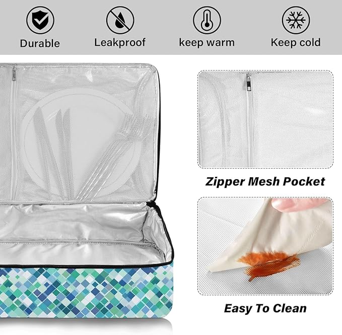 Casserole Carrier Emerald Green SquaresInsulated Casserole Carrier for Hot or Cold Food Thermal Lunch Tote for Potluck Parties Picnic Beach Fits 9 x 13 Inches Baking Dish