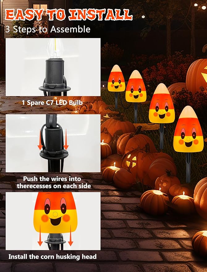 Halloween Candy Corn Lights Outdoor4PCS Halloween 3D Candy Corn Pathway Lights with StakeWaterproof Cute Candy Corn Decorations Light for Lawn Driveway Garden Yard Party Decor