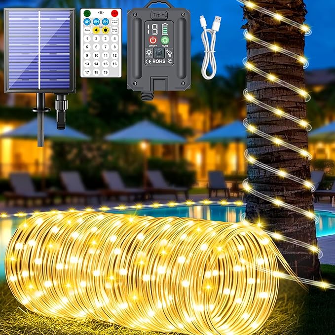 New Upgraded Solar Rope Lights 500 LED 170ft 19 Modes Solar Powered &amp USB Rechargeable String Lights Outdoor Waterproof with Remote Timer Dimmable for Pool Yard Party Wedding Christmas (500LED-War