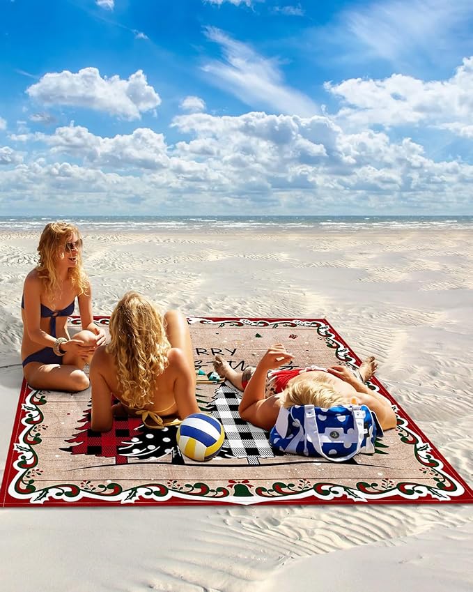 Beach Blanket Waterproof Sandproof Merry Christmas Grid Dot Tree Quick Drying Beach Mat with 4 Stakes Holly Snowflake on Wooden Lightweight Picnic Blanket for Travel Camping Outdoor 108x84