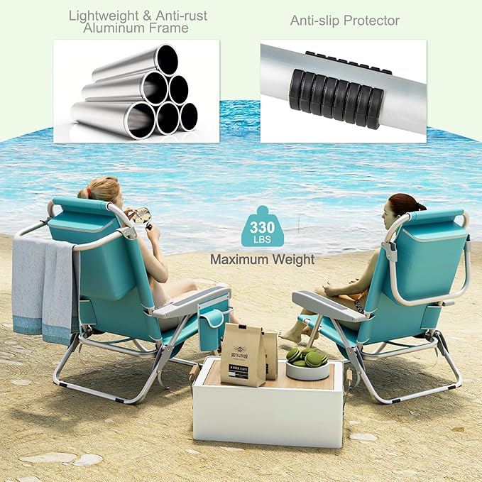 Tangkula Set of 4 Backpack Beach Chair 5-Position Lightweight Folding Lay Flat Beach Chairs with Storage Bag 2 Cup Holders Towel Bar Backpack Straps