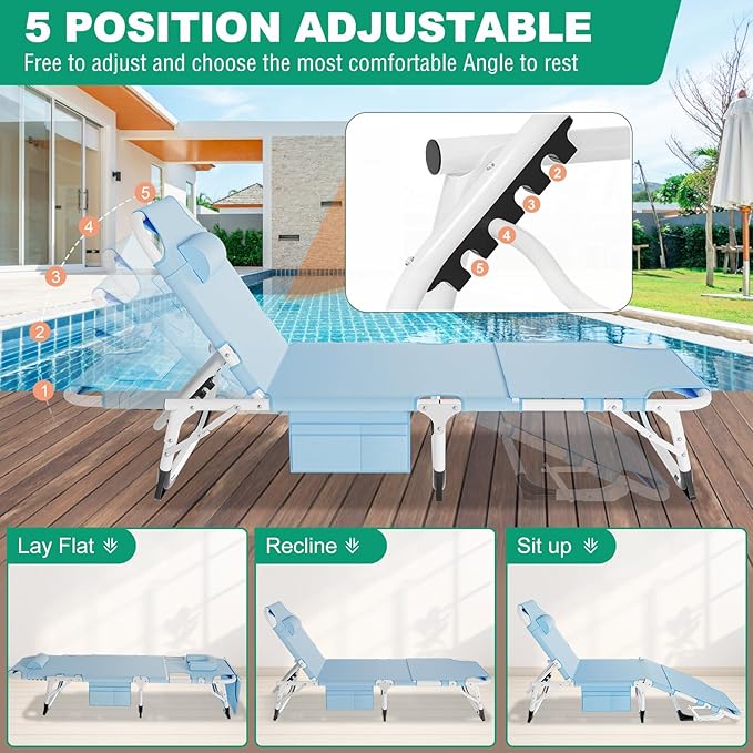 LILYPELLE Portable Folding Camping Cot Adjustable 5-Position Face Down Folding Chaise Lounge Chairs Outdoor Portable Bed Sleeping Cot for Camping Pool Beach Patio