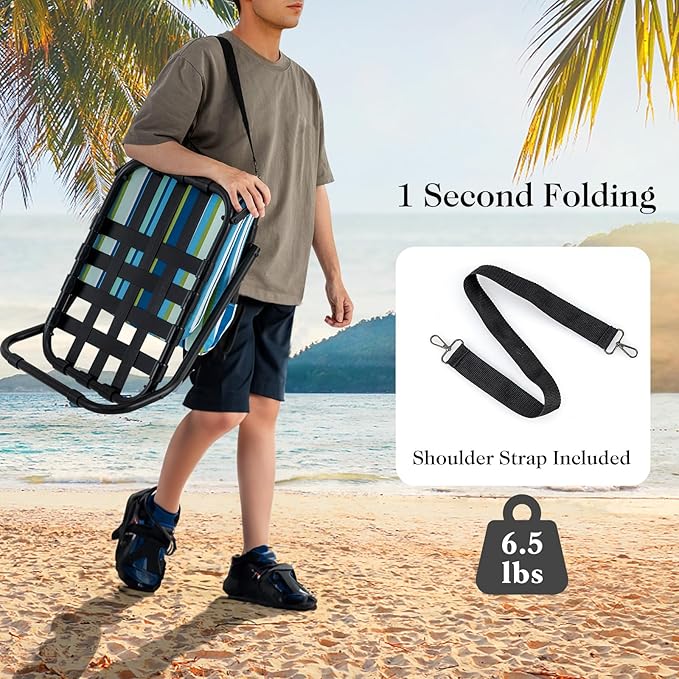 GYMAX Beach Chair 2 Pack 300LBS Low Beach Chair with Shoulder Strap Removable Cushion &amp Aluminum Frame Folding Reclining Beach Chair Heavy Duty Portable Beach Chair for Adults (2 Blue Stripe)