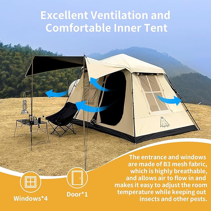 TENPLAY 2-4Person Instant Cabin TentPortable Pop Up TentOne-TouchSetup with 60sSpacious InteriorBlackCoatingWaterproof5000mmIncludes RainflyCanopy Blackout Tents for CampingHikingFamily