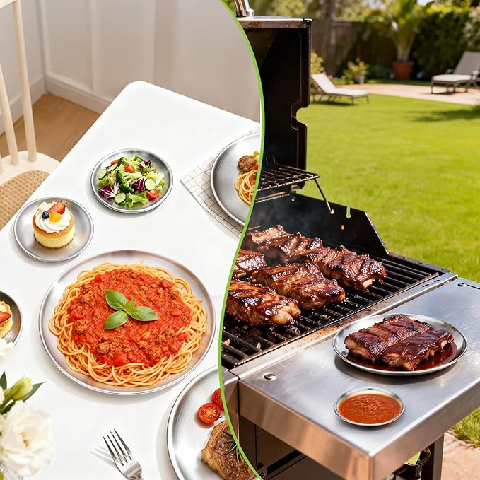 Metal Dinner Plate 10 Pack 10.2 inch Large 201 Stainless Steel Plates Reusable Lunch Salad Pizza Food Serving Snack Eating Dishes Round Brushed Finish Silver Sturdy Dish Oven Dishwasher Safe