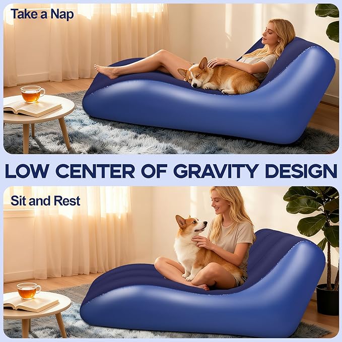 Inflatable Chair for AdultsInflatables Chairs with Flocked Surface Inflatable Lounge Chair with Backrest Comfort Ergonomic Inflatable CouchInflatable Couch for Camping Blue
