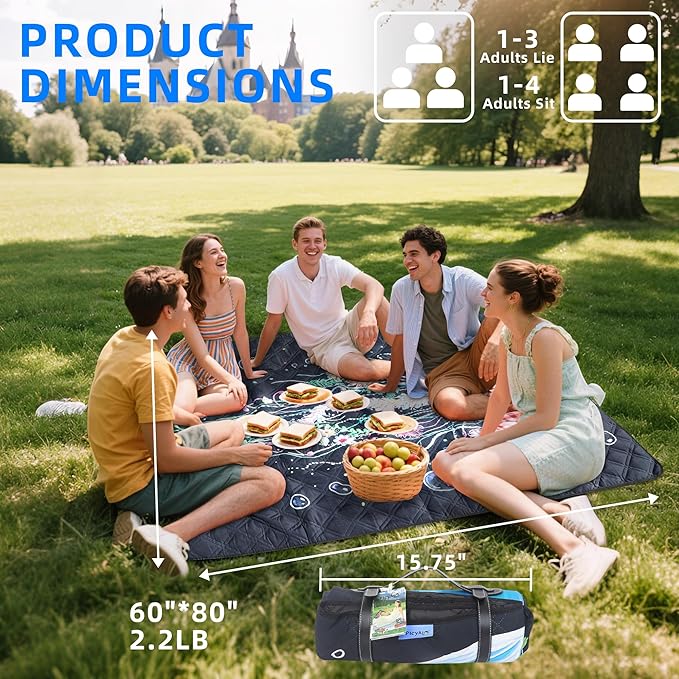 60x80” Double Thickened Picnic Blankets(150g High Density Cotton Stuffed) Jellyfish Pattern Outdoor Picnic Mat Portable Picnic Blanket Foldable with Leather Carry Strap Beach Blanket