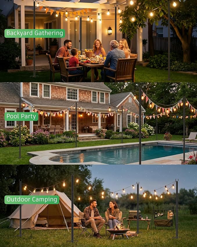 LAND·VOI Outdoor String Light Poles 1 Pack Heavy Duty String Light Poles for Outside with 5-Prong Base &amp Adjustable Height Perfect for Backyard Patio Garden Fence and Party Decor