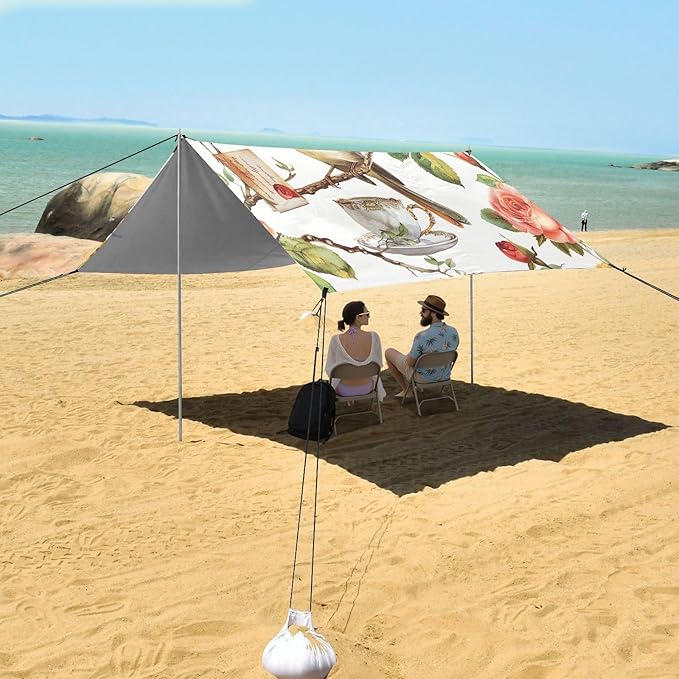 Vintage Parisian Pattern Beach Tent Sun Shelter 9.2' x 10.5' Beach Canopy with 4 Sandbags 4 Stability Poles Sand Shovels - Tent Canopy for Beach Camping Fishing Picnics