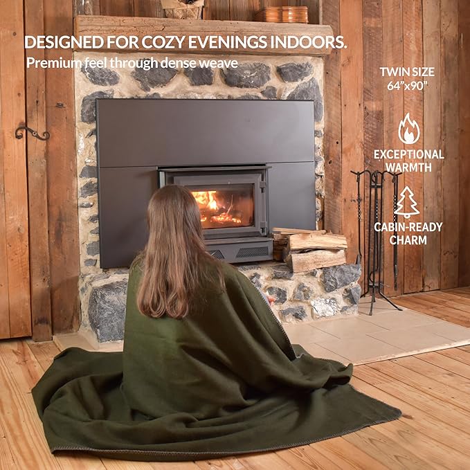 Military Style Wool Blanket – Cushioned Breathable Durable Warm &amp Washable – Double-Stitched Border– Great for Camping Outdoor First Aid Travel Car Fire Retardant – 64x90 4.7lb (Olive Gr