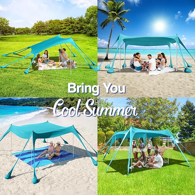 Rhino Valley Beach Tent Shade Canopy UPF50+ Protection 8 Sandbags 4 Stability Poles Outdoor Sun Shelter Umbrella for Sand Camping Fishing Essentials