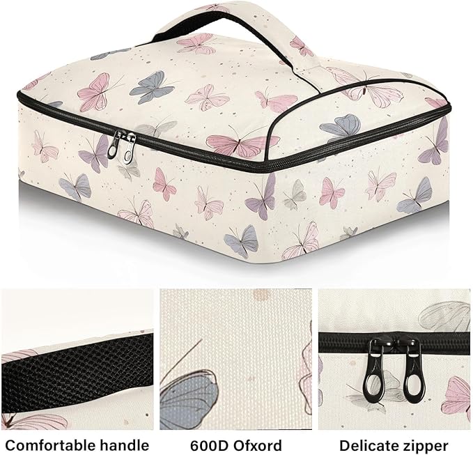 Casserole Carrier Pattern Pink Butterflies PrintInsulated Casserole Carrier for Hot or Cold Food Thermal Lunch Tote for Potluck Parties Picnic Beach Fits 9 x 13 Inches Baking Dish