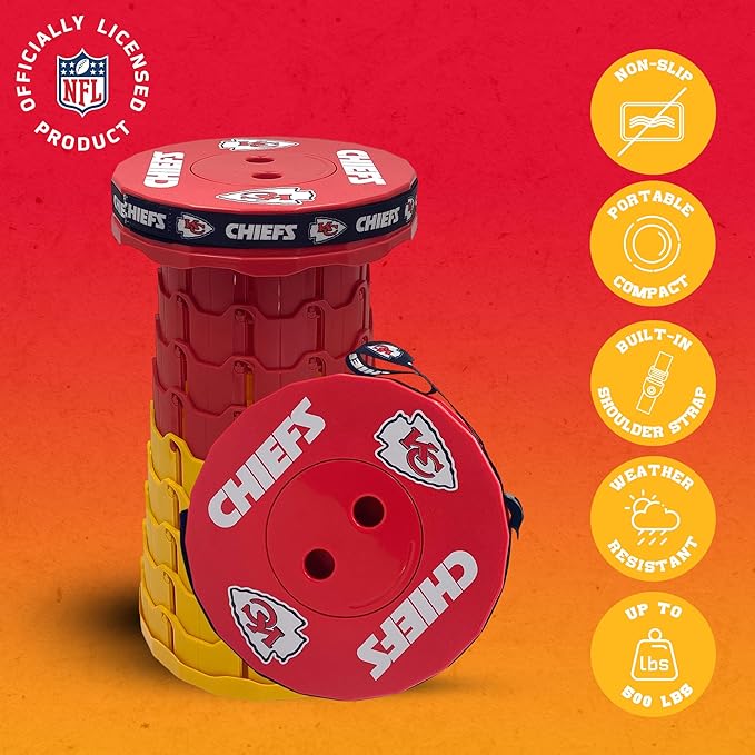 Sporticulture NFL Kansas City Chiefs Telescoping Collapsible Stool Portable Adjustable Height Folding Camping Stool with Carry Strap Retractable Stadium and Tailgate Seat 18Hx10Wx10D
