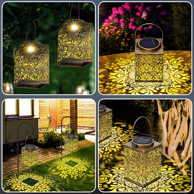 2 Pack Bronze Solar Lanterns - Waterproof Metal Hanging Solar Lights Outdoor Decorative Solar Powered LED Lamp for Patio Tabletop Porch Deck Yard Garden Decor for Outside (Rose)