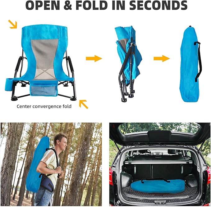 Portable Folding Beach Chair for Adults - Lightweight Low Back Sling Chair with Cup Holder &amp Storage Pocket 300lbs Capacity Camping Chair for Outdoor Lawn Concert Travel (Blue)