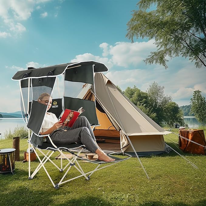 Nice C Chair with Canopy Umbrella Chairs Chair with Shades Sports Chairs w/Removable Footrest Cooler Bag Cup Holder for Camping Fishing Sports Soccer Beach (1-P Green)