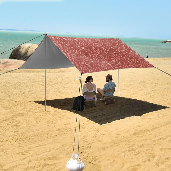 Red White Hand Drawn Christmas Elements Foldable Beach Cabana UPF50+ Protection Lightweight Large Portable Sun Shelter Includes Sand Shovel Sandbags Stability Poles for Camping Trips Fishing