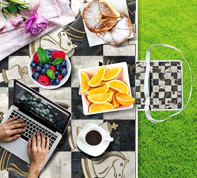 MNSRUU Picnic Blanket Waterproof Foldable Chess Black White Grid Large Outdoor Picnic Beach Camping Blanket Travel Mat Shoulder Strap Tote Rectangle 57x59in
