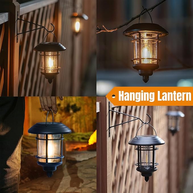 Dynaming 6 Pack Dual Use Solar Path Lights Outdoor Hanging Lantern Solar Garden Lights with Edison Bulb Landscape Lighting Waterproof &amp Auto On/Off for Patio Pathway Walkway Driveway Warm Whit