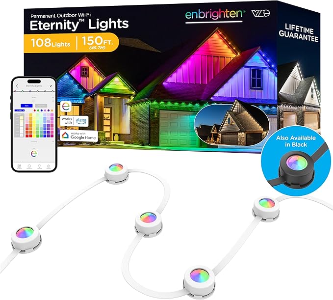 Enbrighten Vibe Eternity Permanent Outdoor Lights for House 150ft 108 RGBWIC LEDs Close Spacing 33lm Color Changing Christmas Eave Lighting Smart App Works with Alexa Google Home 85102