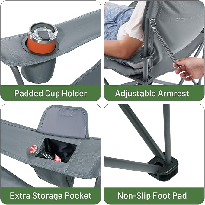 Timber Ridge Oversized Folding Camping Chair for Adults Support 550 LBS Heavy Duty Chairs with Cup Holder Side Pocket for Camping Lawn Picnic 2 Pack(Grey)