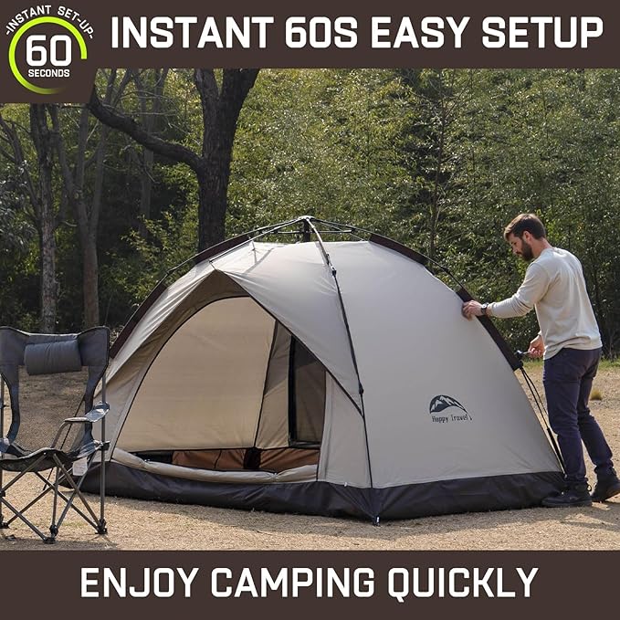 Happy Travel 1/2/3/4 Person Camping Tent Instant Easy Pop Up Tents for CampingAutomatic Waterproof Family Camping Tent Easy Set Up TentPortable Windproof Dome Tent for Camping Hiking &amp Traveli
