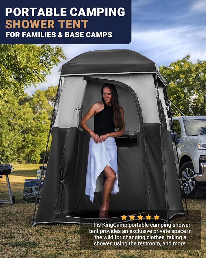KingCamp Camping Shower Tent Portable Outdoor Privacy Toilet &amp Changing Tent Windproof &amp Waterproof Easy Setup 1 or 2 Room Shelter with Shower Bag for Camping Hiking Beach