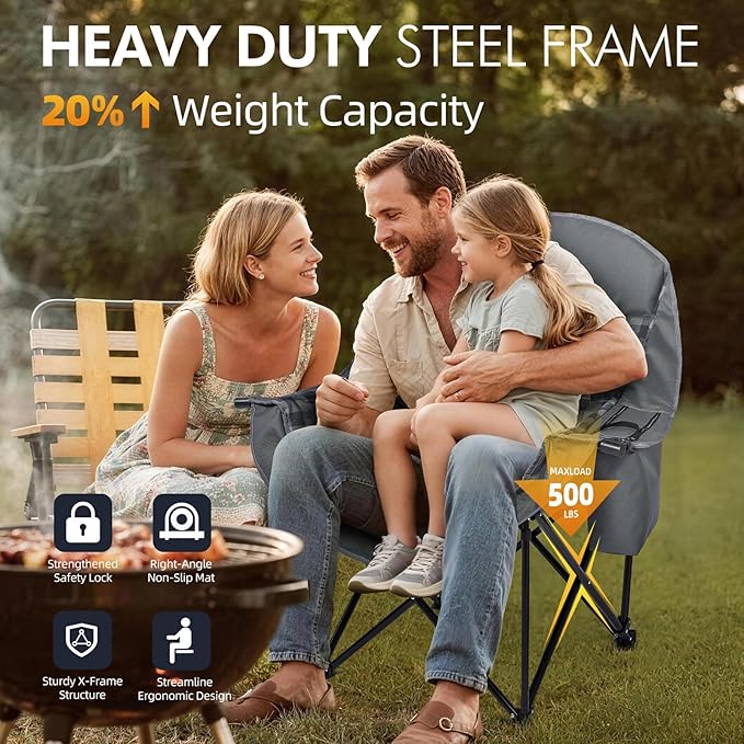 Oversized Camping Chairs for Adults - Heavy Duty Padded Outdoor Folding Lawn XL Camp Chair with Cup Holder Cooler Pockets for Outside Sports Beach Fishing Garden Portable Supports 500lbs Grey