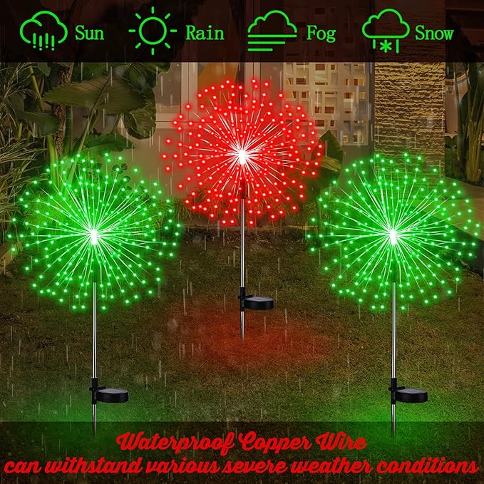 6 Pcs Christmas in July Solar Firework Stake Lights 180 LED 8 Modes Solar Waterproof LED Sparkler Lights Outdoor Decoration for Garden Patio Yard Pathway Walkway Lawn (Red Green)