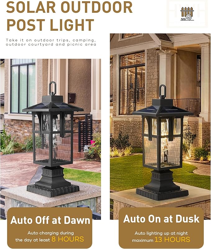 Solar Post Lights Outdoor HWH Exterior Lamp Post Light Fixture Waterproof Pier Mount Light with Water Ripple Glass Patio Garden 5HX62P-ML SL BK