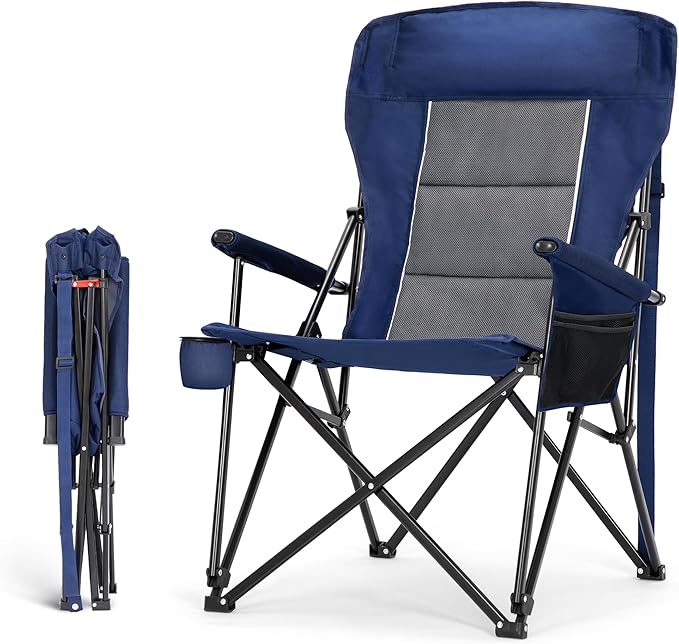HIGH POINT SPORTS Oversized Camping Chairs for Adults High Back Heavy Duty Lawn Folding Chair Support 500LBS Padded Portable Outdoor Chair with Cup Holder Blue