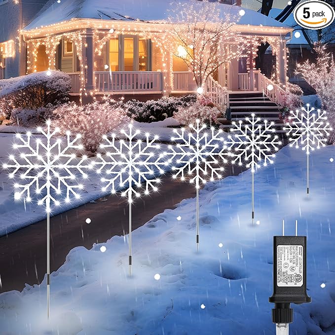 Brightown Snowflake Lights Outdoor 5 Large Snowflake Christmas Pathway Lights Outdoor Christmas Decorations Yard Sidewalk Walkway Driveway Marker Stake White