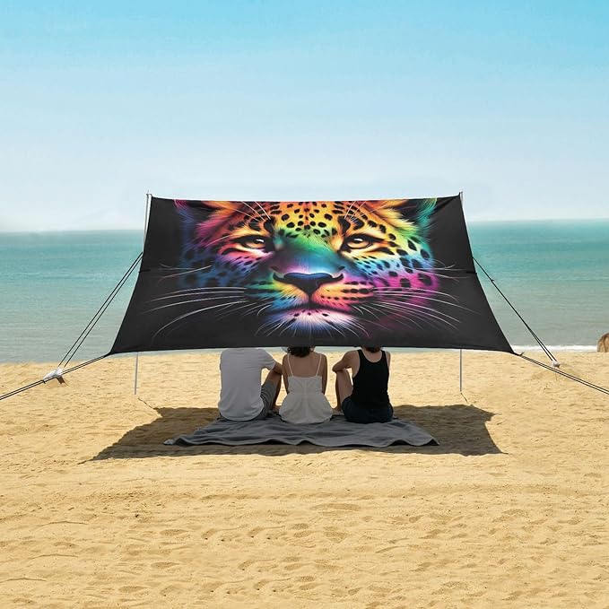 ALAZA Leopard Portrait Rainbow Color Beach Tent Sun Shelter UPF50+ Protection Beach Shade Canopy w/ 4 Sandbags for Outdoor Camping Fishing Backyard Fun Picnic 10x9 ft