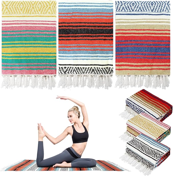3 Pcs Mexican Blanket Bulk 45 x 70 Inch Yoga Blanket Large Cotton Outdoor Camping Blankets with Fringed for Outdoor Beach Picnic Home Decor