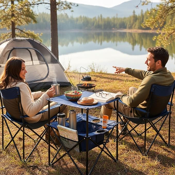 Portable Folding Camping Table with Cup Holders – Lightweight &amp Compact 2-Tier Outdoor Table with Storage Ideal for Card Games Snacks Picnic Tailgating &amp Camping (Navy Blue)