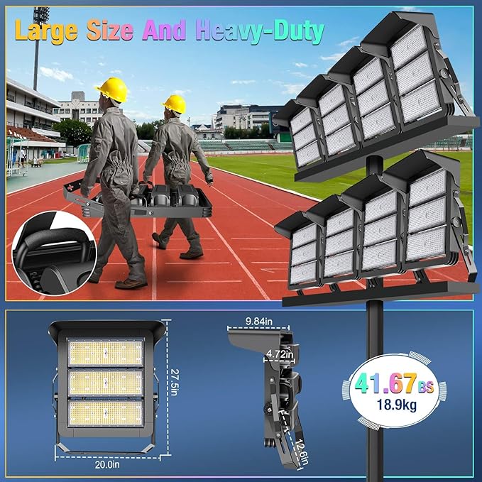 ledmo 750W Dimmable LED High Mast Stadium Light Outdoor 90000LM Super Bright Floodlight Commercial 100-277V 5000K Daylight IP66 Adjustable Waterproof Arena Lighting for Sport Court