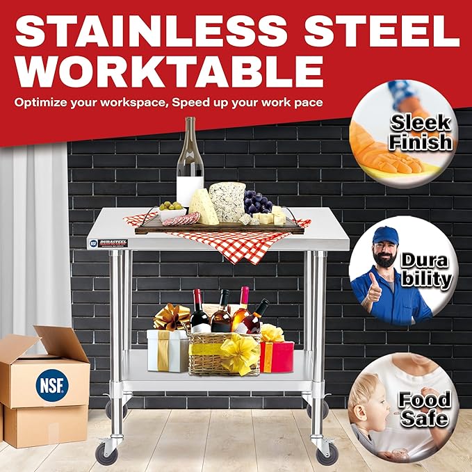 DuraSteel 24x36 NSF Stainless Steel Cart - Heavy Duty Rolling Food Prep Table with Undershelf - Metal Utility Cart for Commercial Restaurant Kitchen Laundry Outdoor Portable BBQ Grill