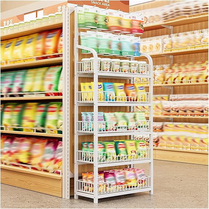 5-Tier Black Ack Rack Display Stand with Hooks - Floor Standing Potato Chip Shelf for Kitchen &amp Commercial Use Pantry Organizer &amp Food Holder for Break Room - Size: 60x27cm/23