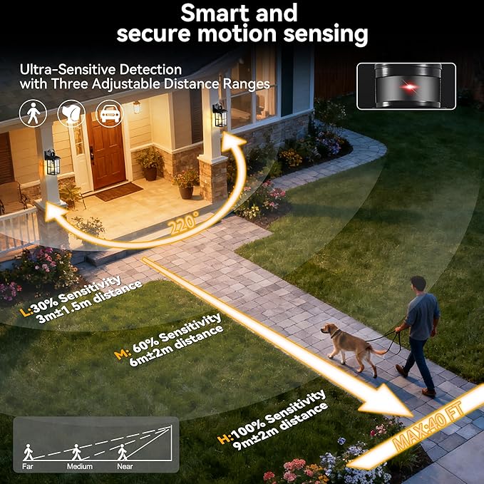 2 Pack Motion Sensor Outdoor Porch Light: Dusk to Dawn Weatherproof Exterior Wall Lights Fixture Black Outside Coach Lamp for House Garage Patio Front Door