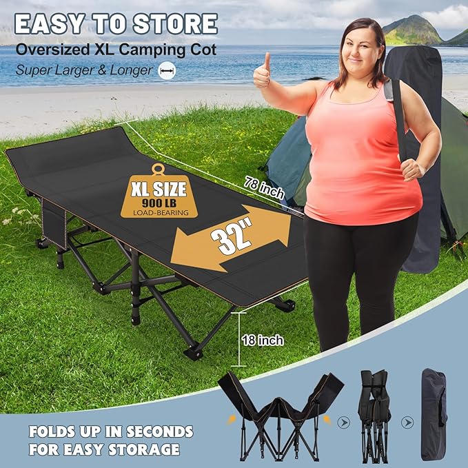 XXL Oversized Camping Cot for Adults with Mattress - Portable Camp Bed Lightweight with Carry Bag for Outdoor Travel Beach Hiking Sleep Comfortably Anywhere